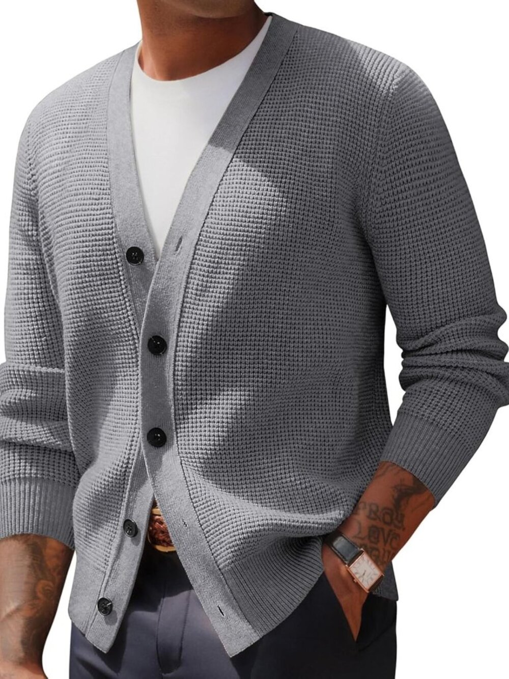 Cozy Waffle Textured Cardigan Sweater for Men | Long Sleeve V-Neck Knit Top